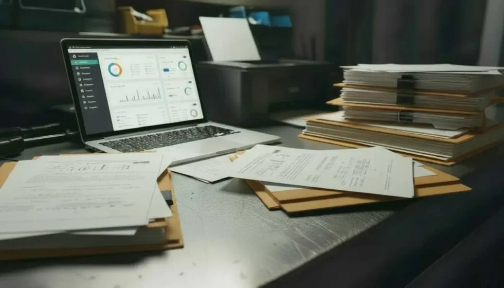 Ordinateur et documents pour préparer une micro-entreprise