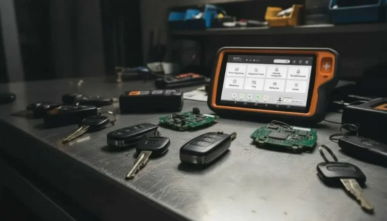 Clés de voiture et outil de diagnostic sur un établi
