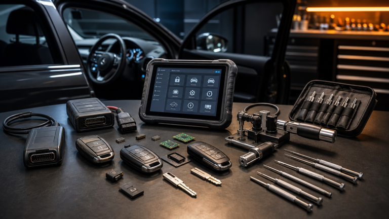Outils professionnels de serrurerie automobile : programmateur de clés, transpondeurs et connexion OBD