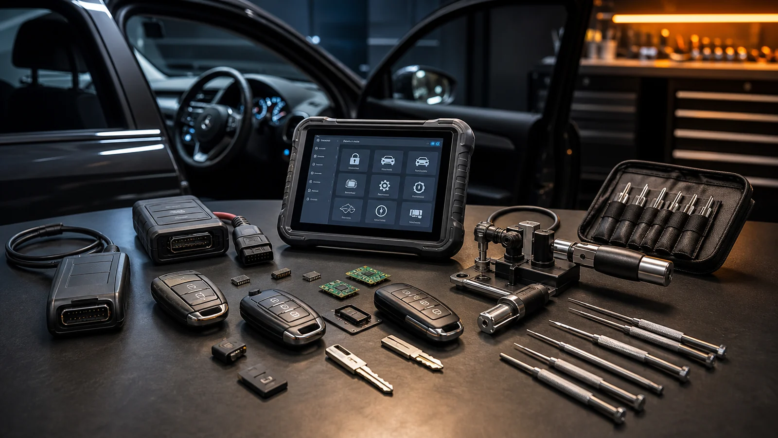 Outils professionnels de serrurerie automobile : programmateur de clés, transpondeurs et connexion OBD