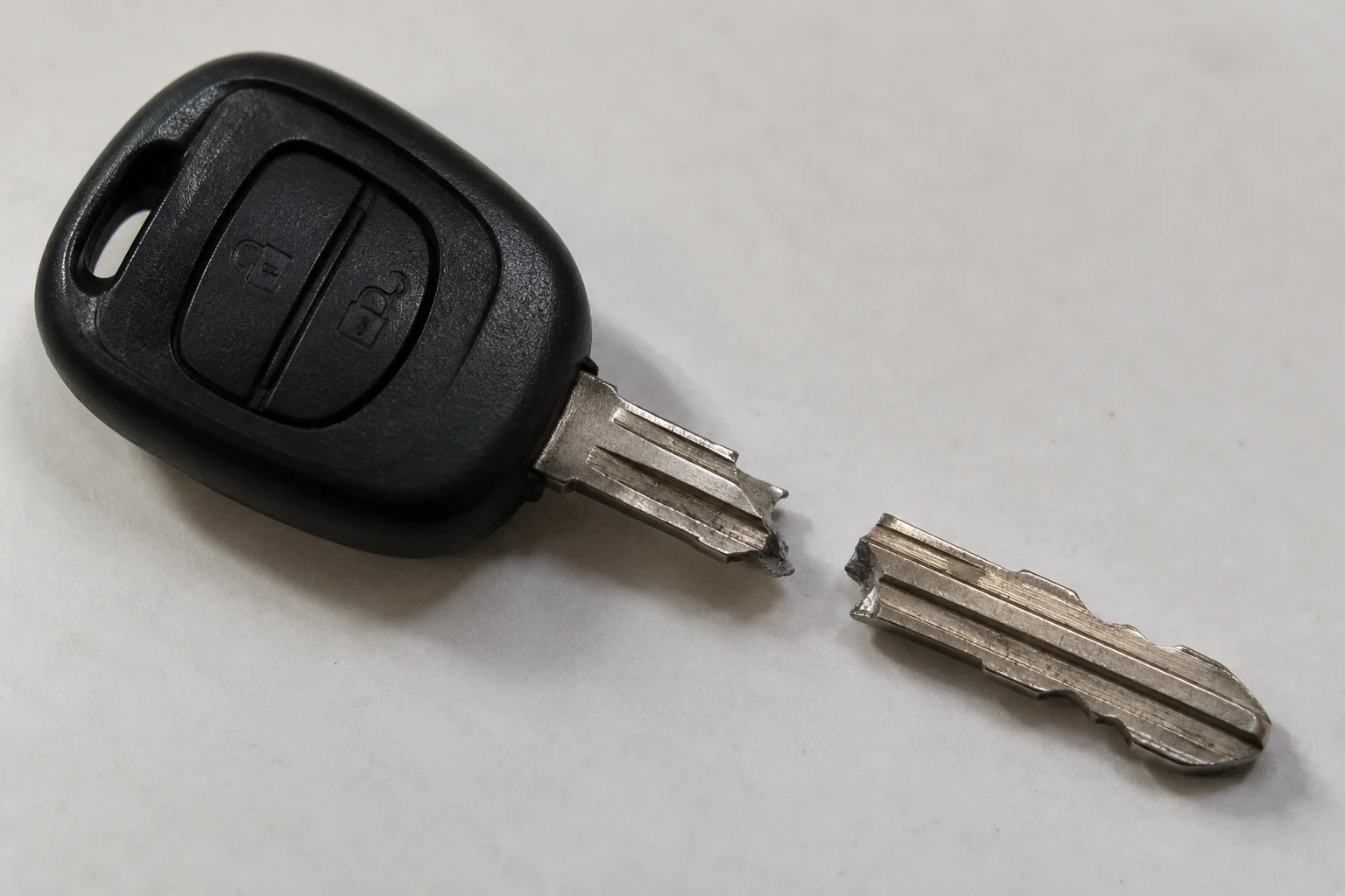 Clé de voiture à télécommande cassée en deux, les deux morceaux de la lame posés à plat